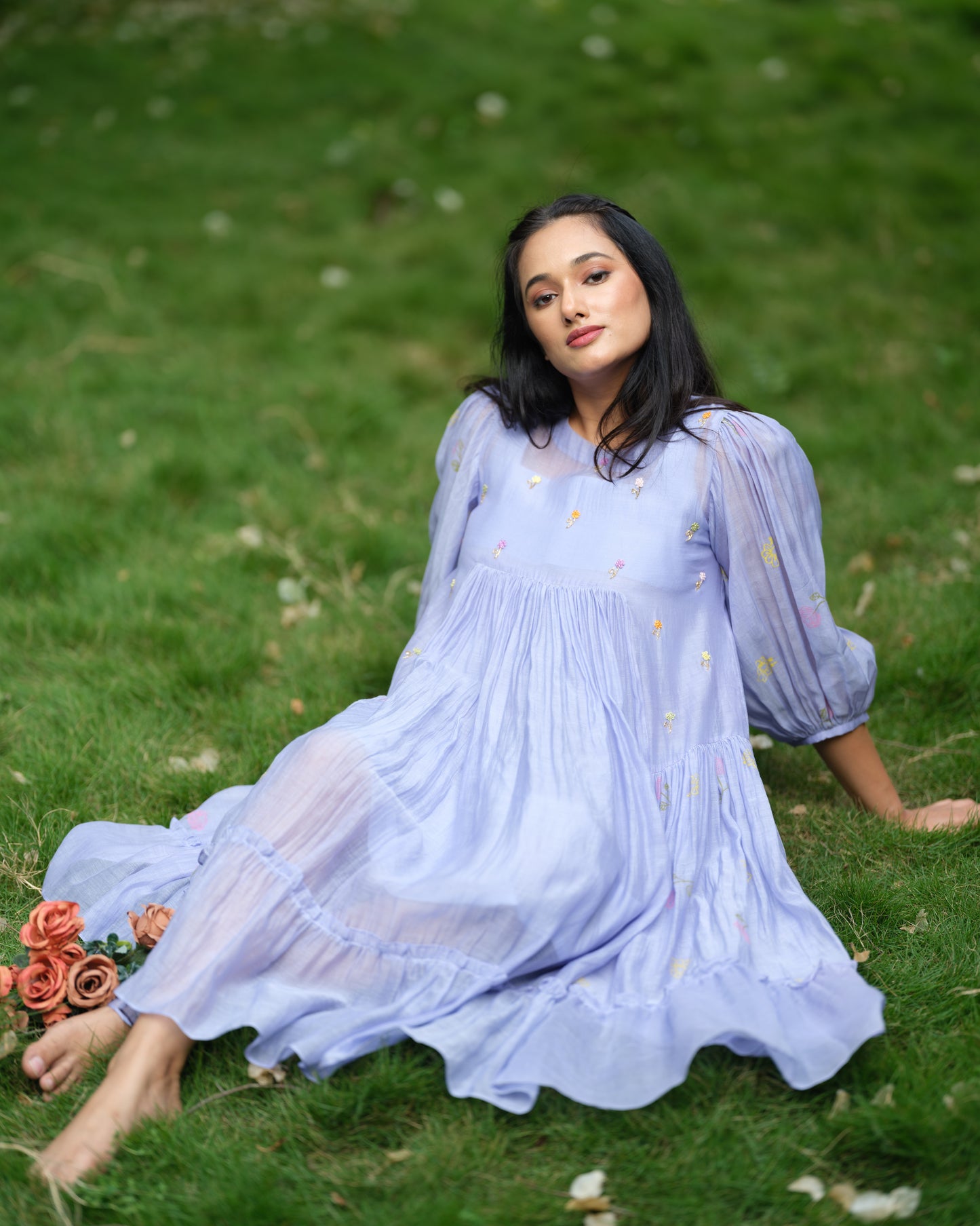 Lavender Whisper – Mul Chanderi Tiered Dress
