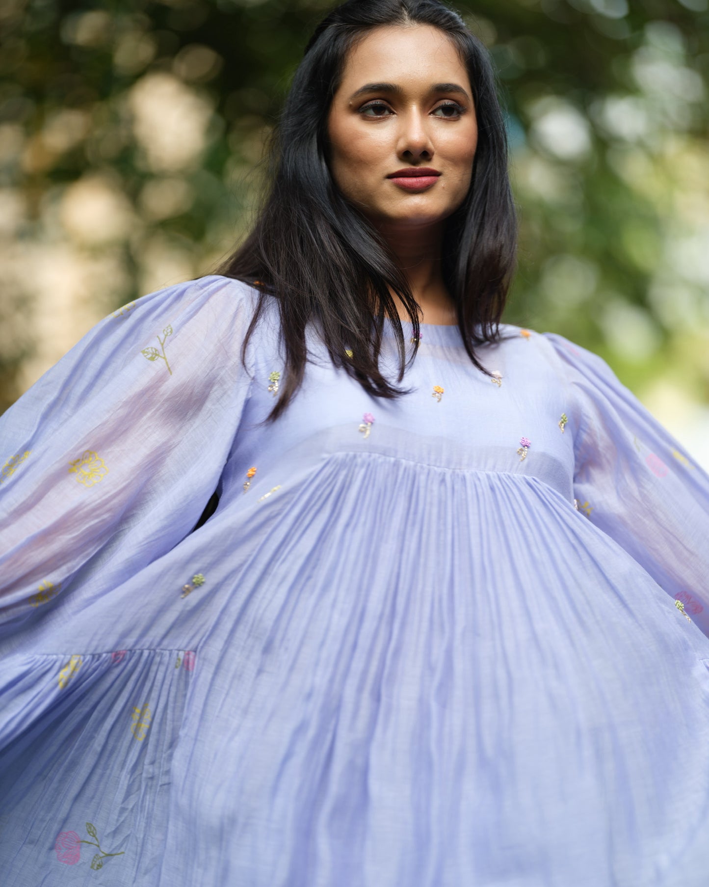 Lavender Whisper – Mul Chanderi Tiered Dress