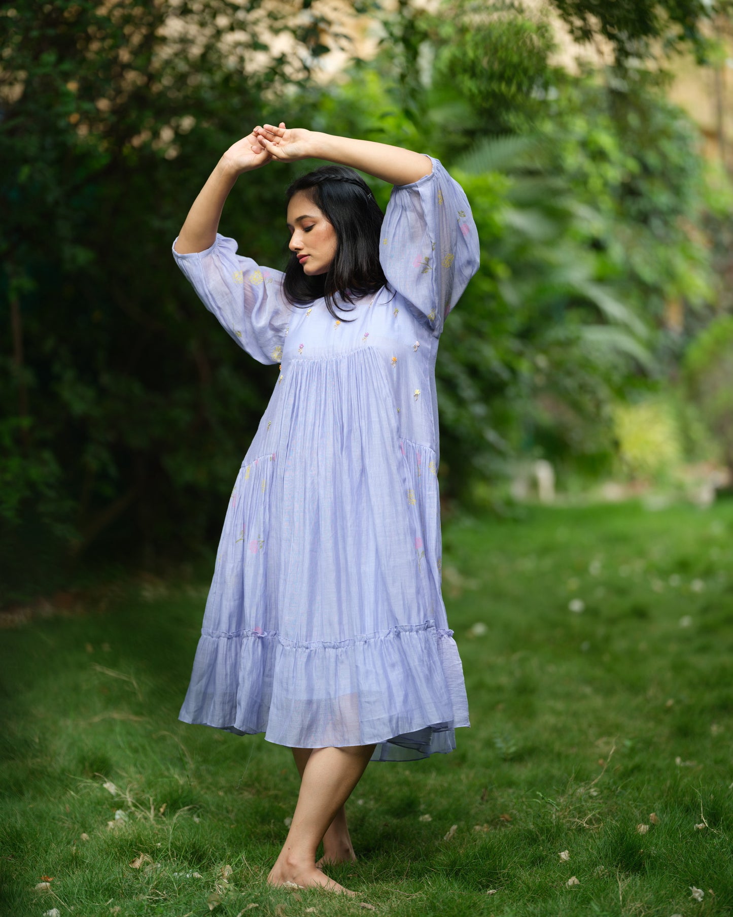 Lavender Whisper – Mul Chanderi Tiered Dress