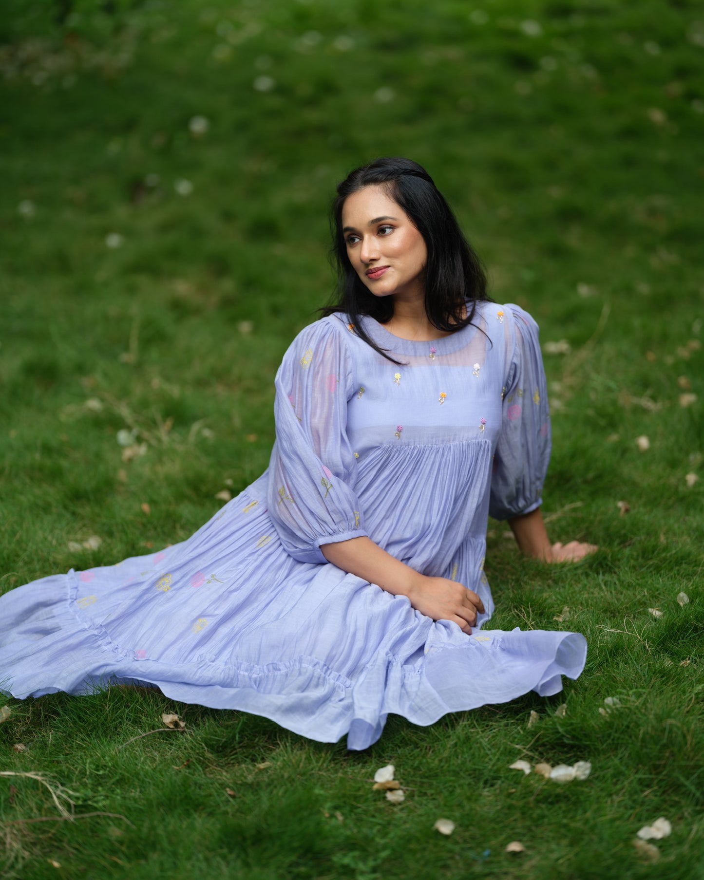 Lavender Whisper – Mul Chanderi Tiered Dress
