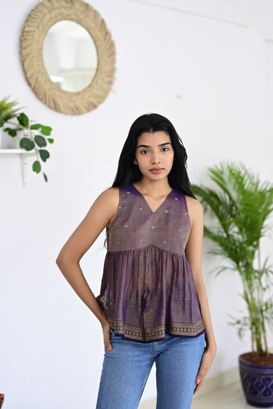 Greyish Lavender Narayanpet short top, a handmade design crafted from authentic handloom fabric, blending traditional Indian craftsmanship with modern elegance.