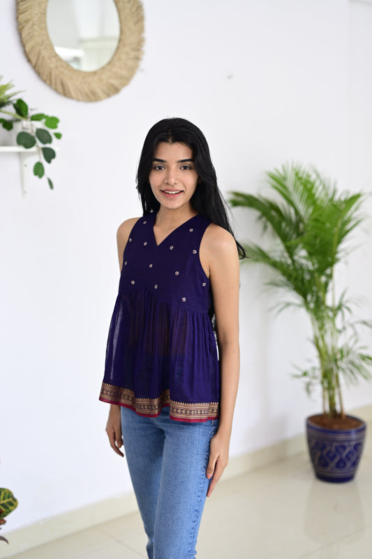 Violet Narayanpet short top, a handmade design crafted from authentic Narayanpet handloom fabric, blending traditional craftsmanship with modern style.
