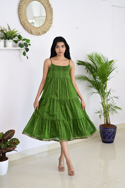 Parrot Green Narayanpet layered dress, handcrafted from authentic handloom fabric, blending traditional craftsmanship with a modern layered design for a chic look.
