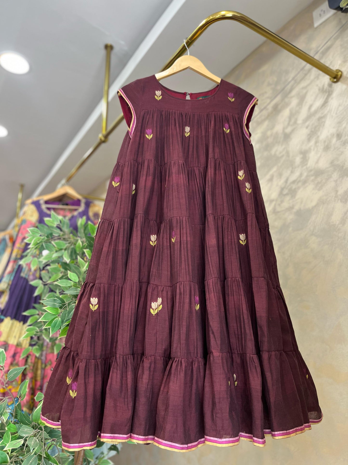 Burgundy Jamdhani multi tiered Dress