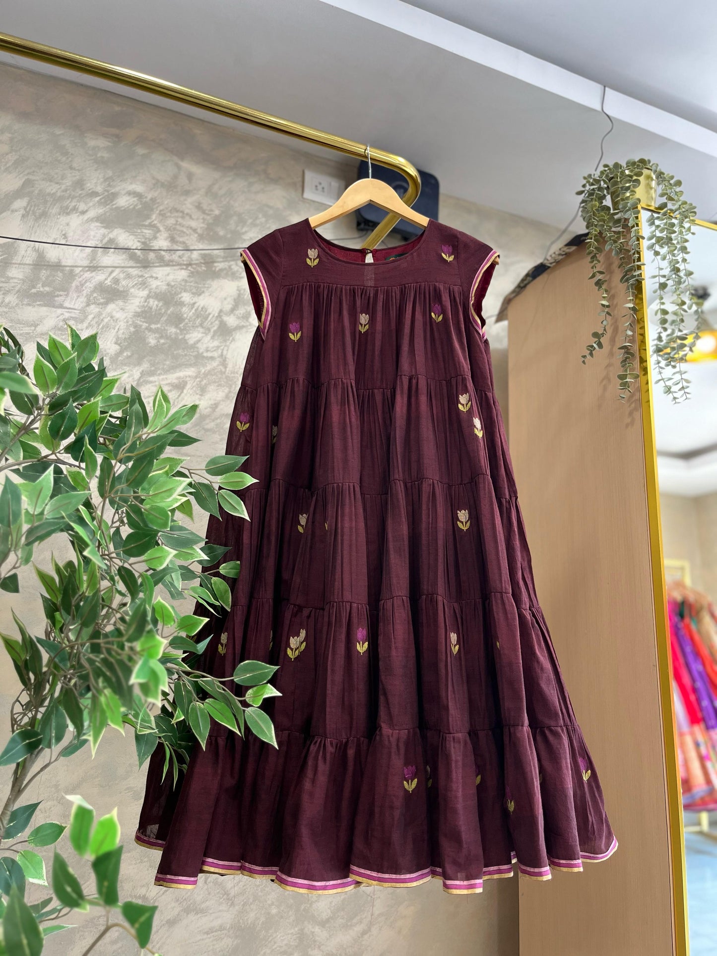 Burgundy Jamdhani multi tiered Dress