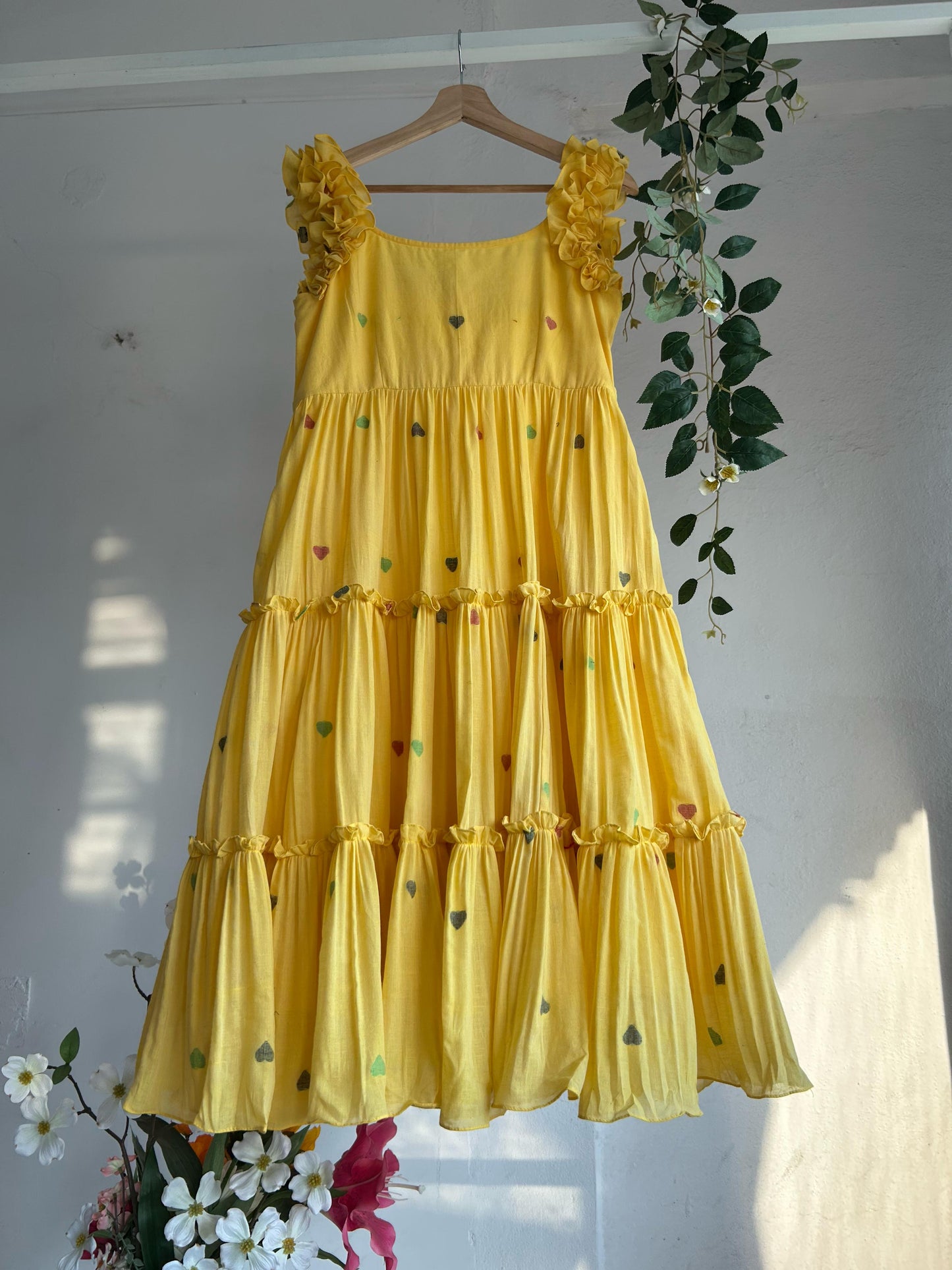 Yellow Jamdhani Multi-Tiered Dress
