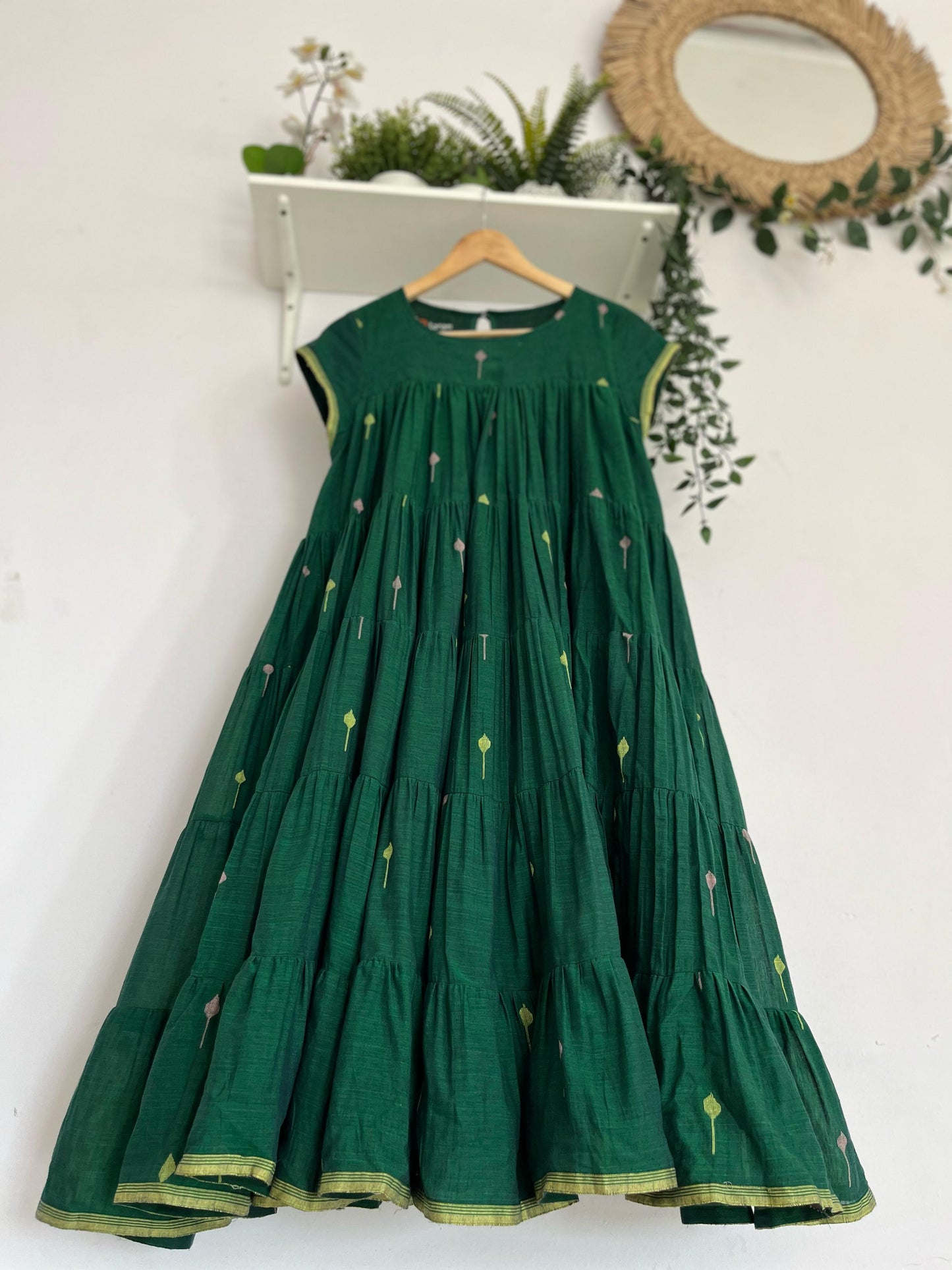 Green Jamdhani multi tiered Dress