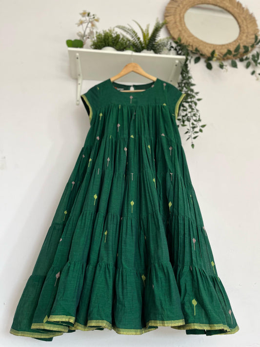 Green Jamdhani multi tiered Dress