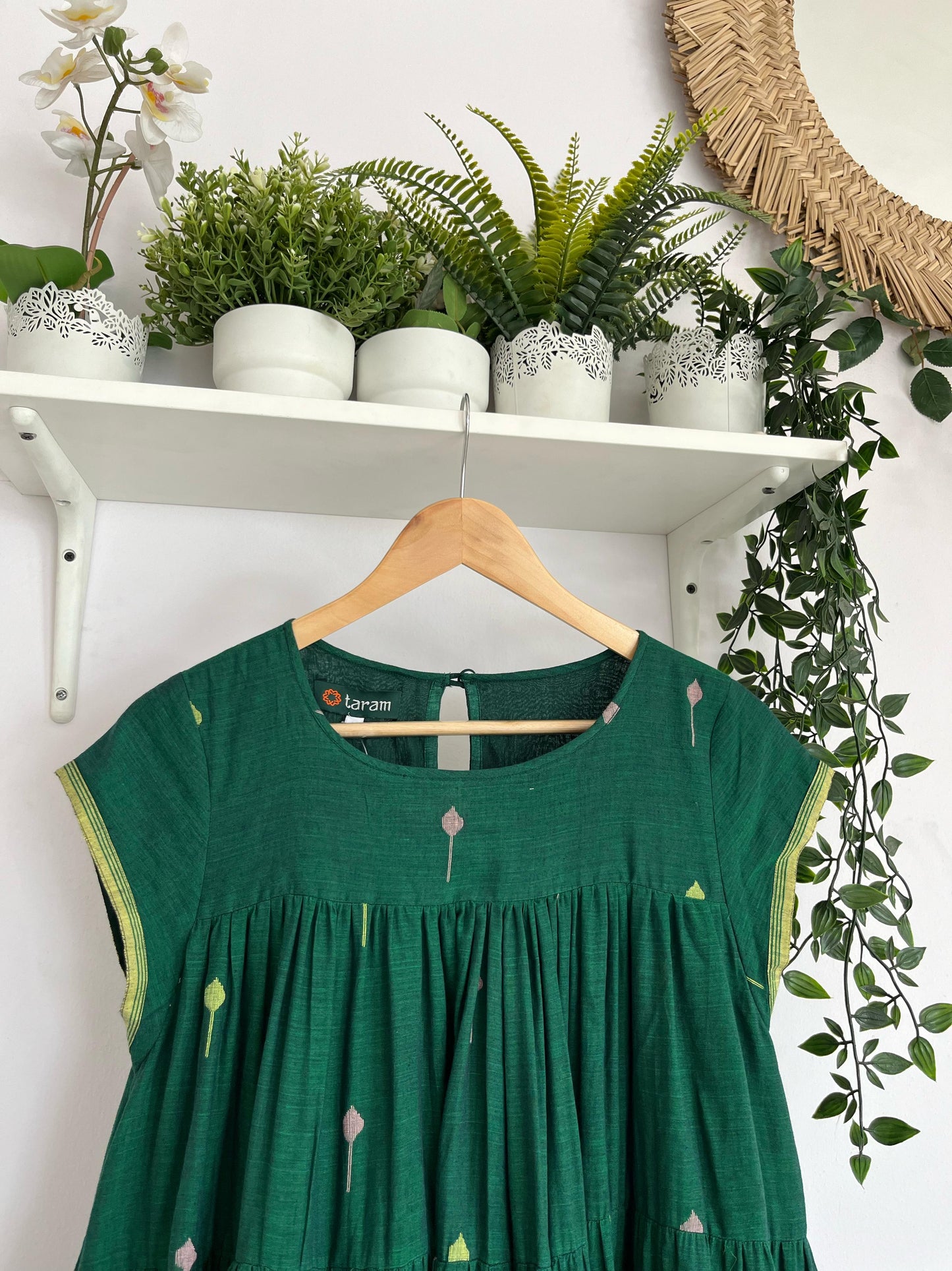 Green Jamdhani multi tiered Dress