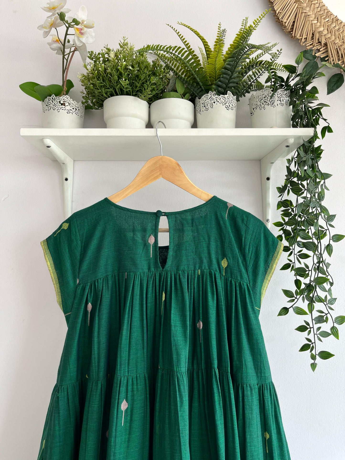 Green Jamdhani multi tiered Dress