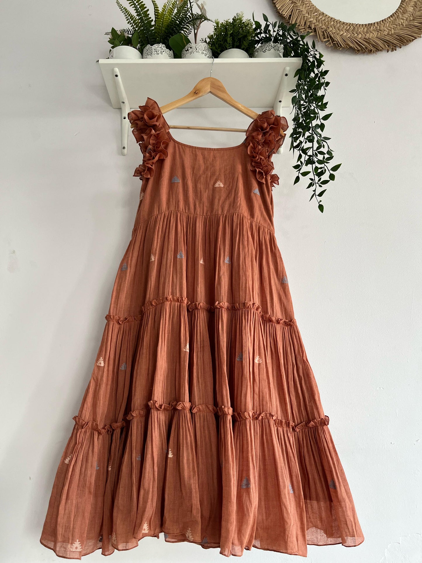 Sand Dune: Dark Beige Multi-Tiered Jamdhani Dress