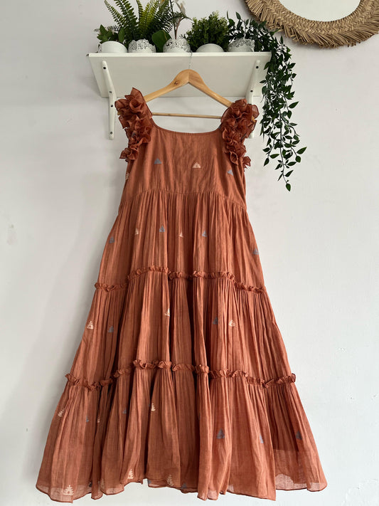 Sand Dune: Dark Beige Multi-Tiered Jamdhani Dress