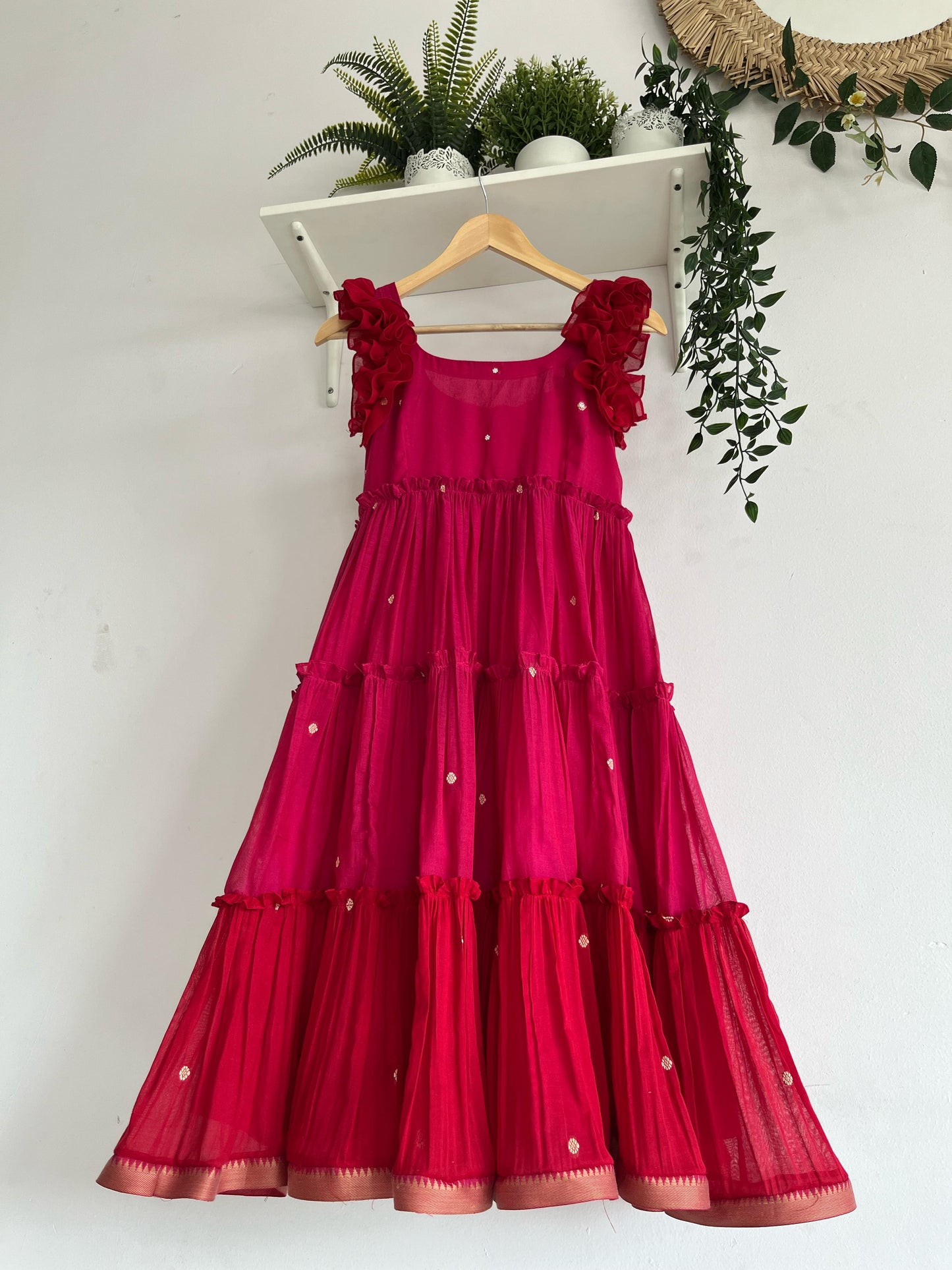Rosy Ruffles – Pink & Red Narayanpet Tiered Dress
