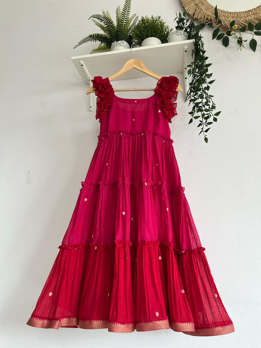 Rosy Ruffles – Pink & Red Narayanpet Tiered Dress