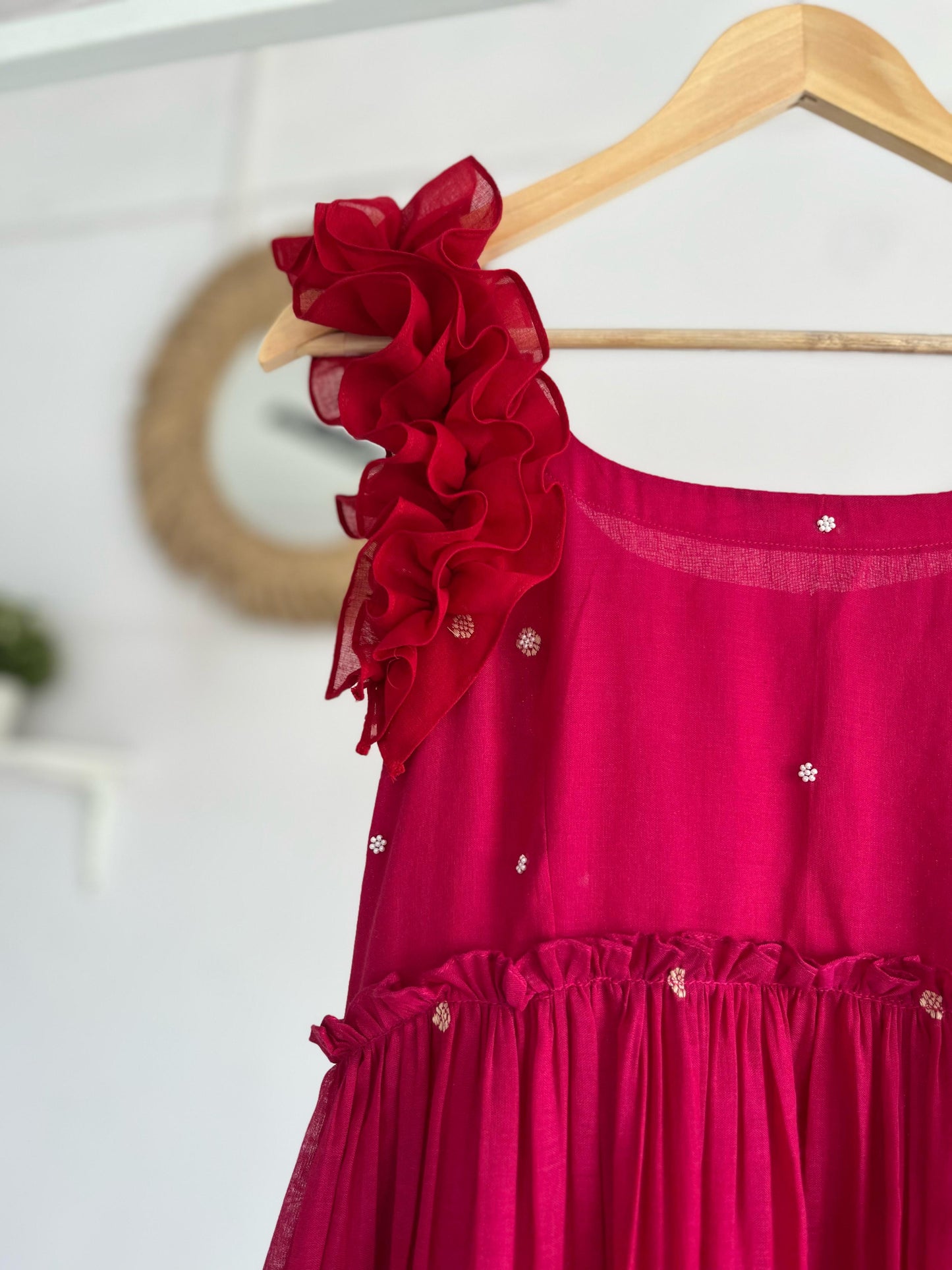 Rosy Ruffles – Pink & Red Narayanpet Tiered Dress