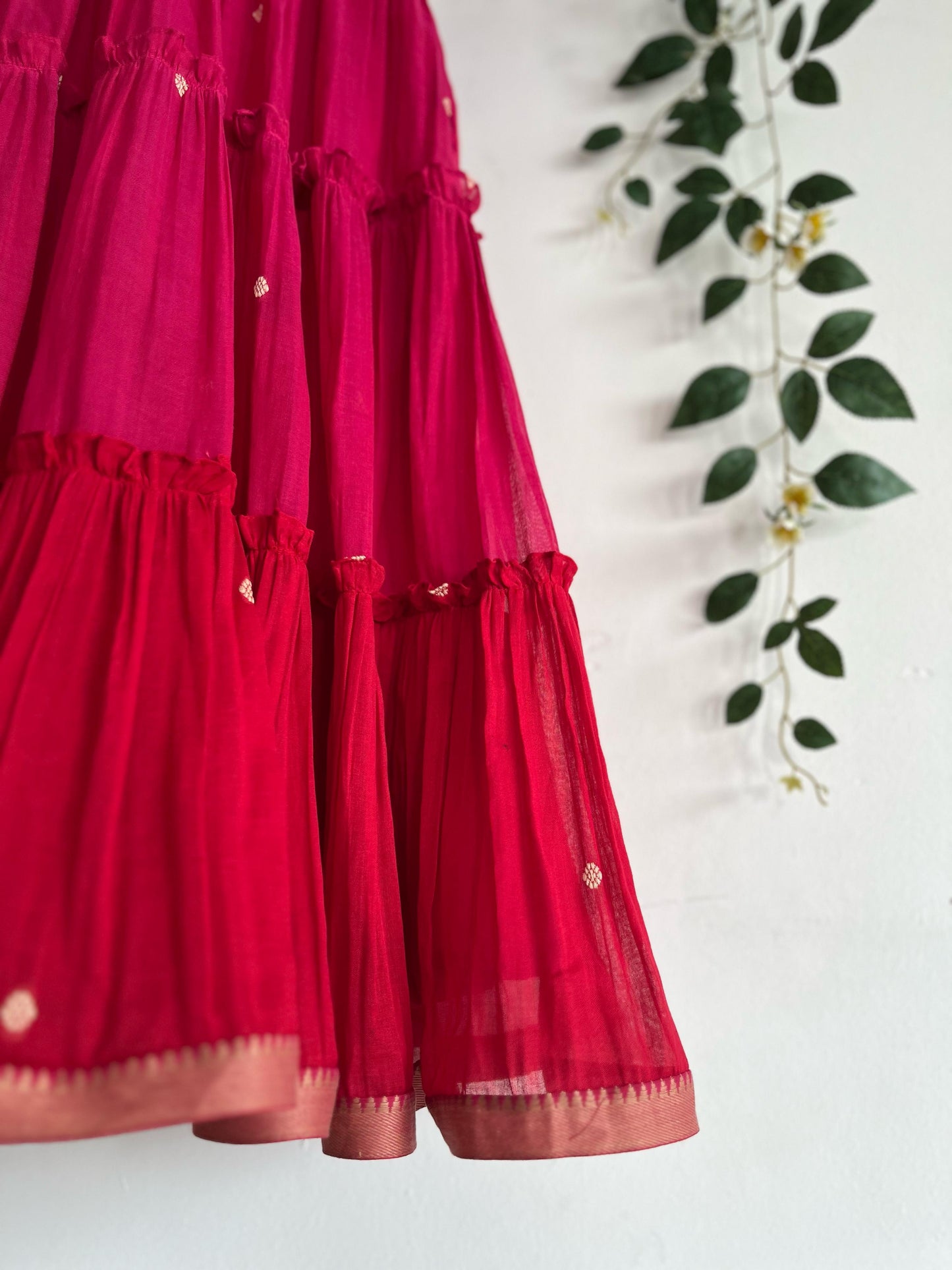 Rosy Ruffles – Pink & Red Narayanpet Tiered Dress