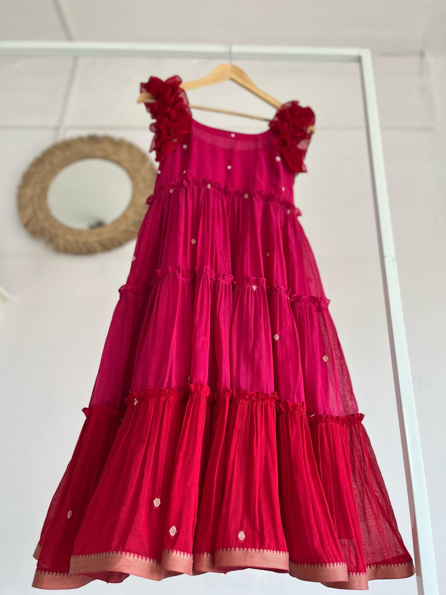 Rosy Ruffles – Pink & Red Narayanpet Tiered Dress