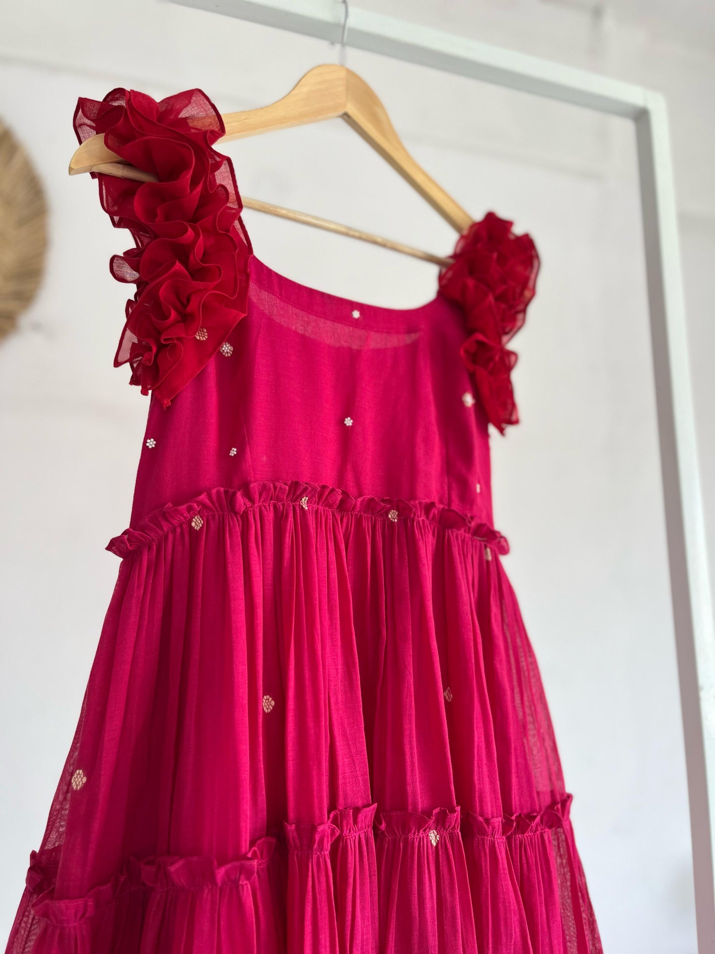 Rosy Ruffles – Pink & Red Narayanpet Tiered Dress