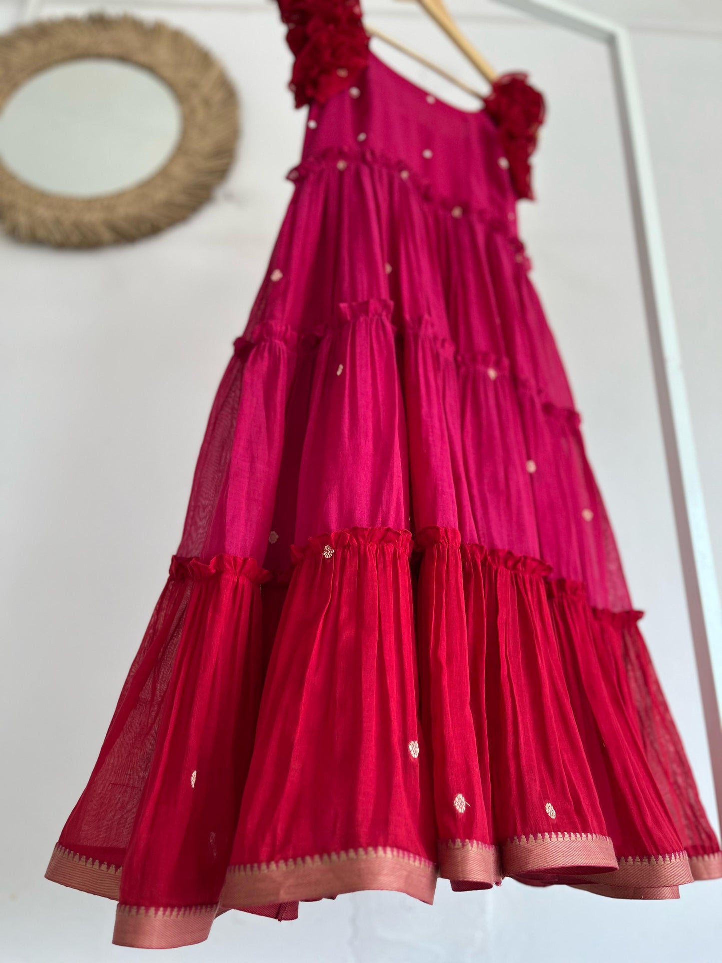 Rosy Ruffles – Pink & Red Narayanpet Tiered Dress