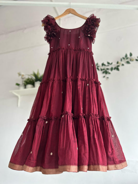 Berry Bloom – Maroon Narayanpet Tiered Dress