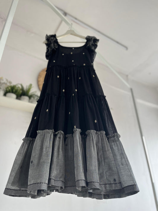 Midnight Ruffles – Handwoven Black & Grey Tiered Dress