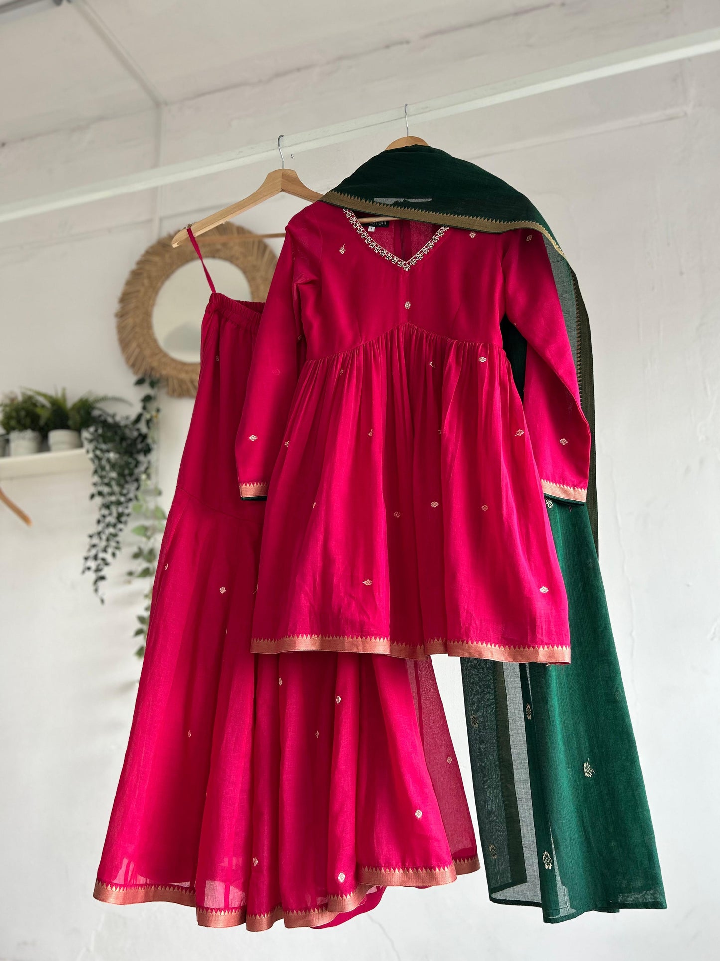 Pink Narayanpet Sharara Set with Green Dupatta