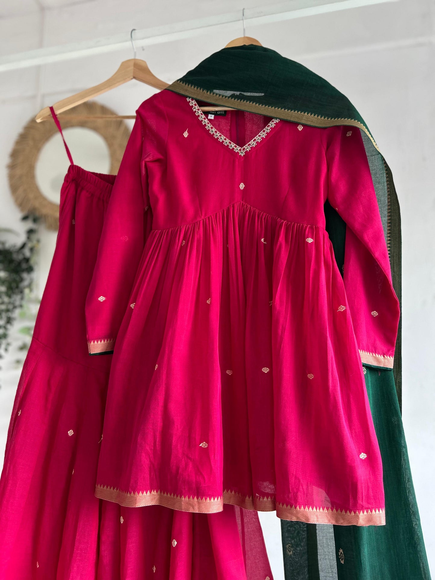 Pink Narayanpet Sharara Set with Green Dupatta
