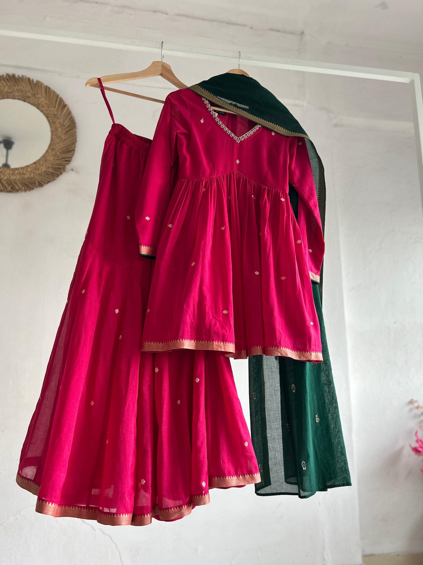 Pink Narayanpet Sharara Set with Green Dupatta