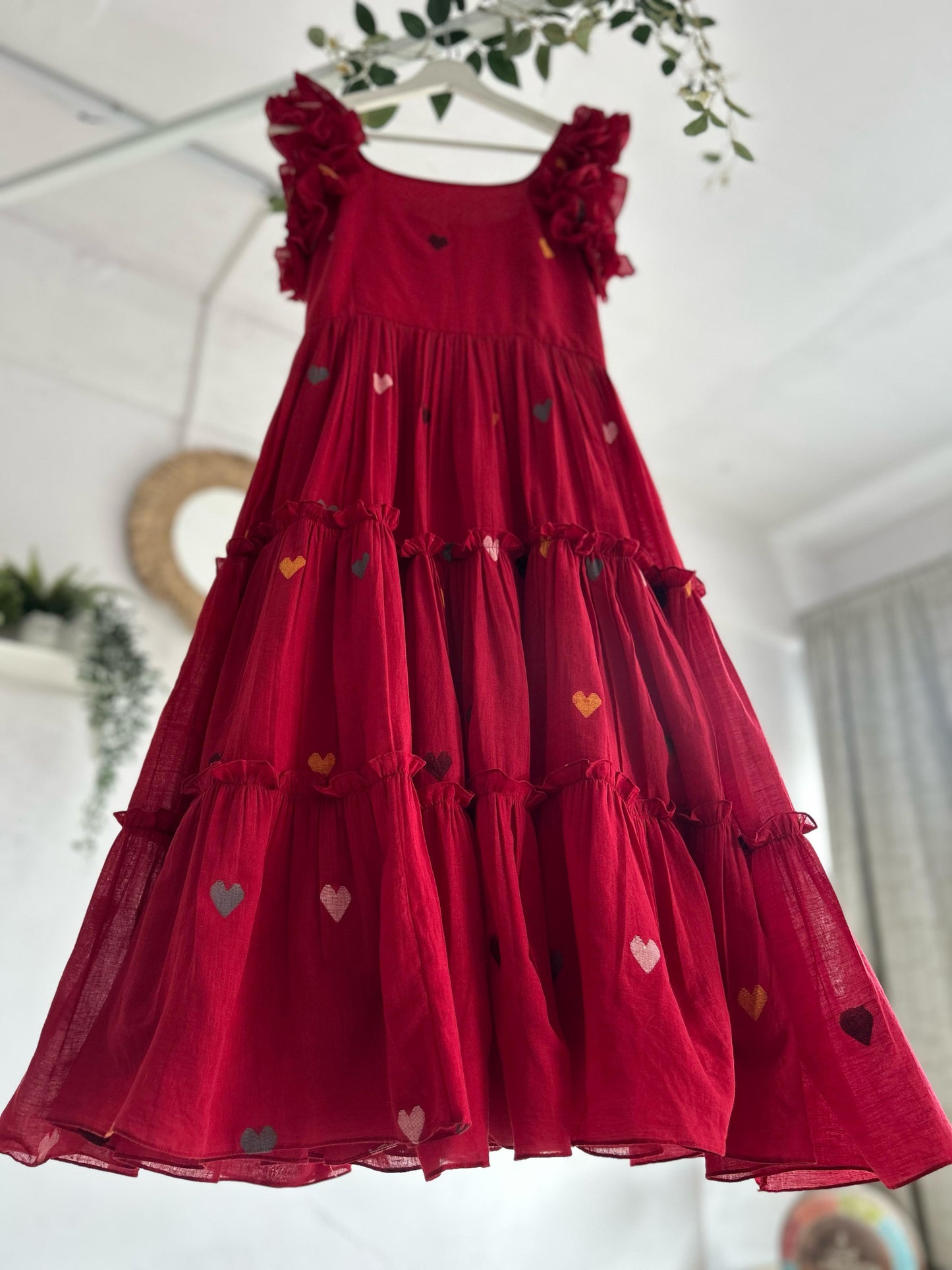 Crimson Charm – Red Jamdhani Tiered Dress