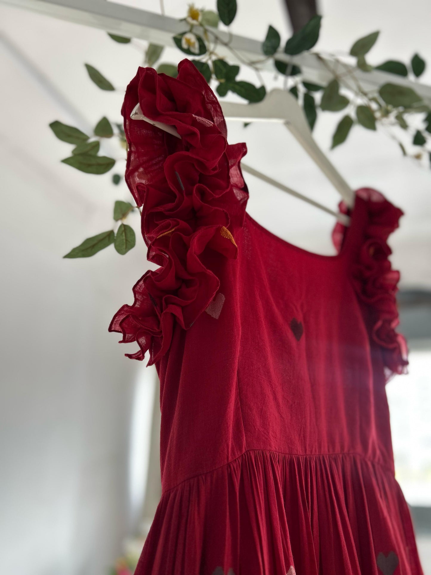 Crimson Charm – Red Jamdhani Tiered Dress