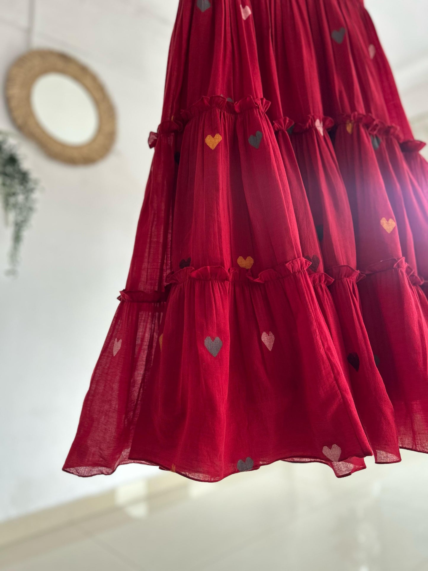 Crimson Charm – Red Jamdhani Tiered Dress