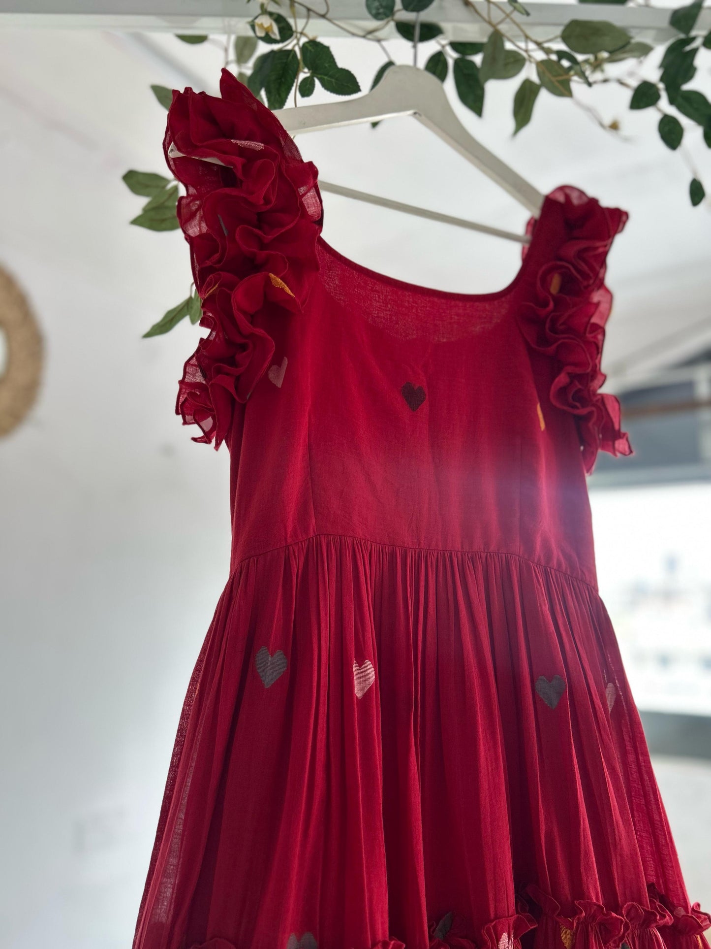 Crimson Charm – Red Jamdhani Tiered Dress