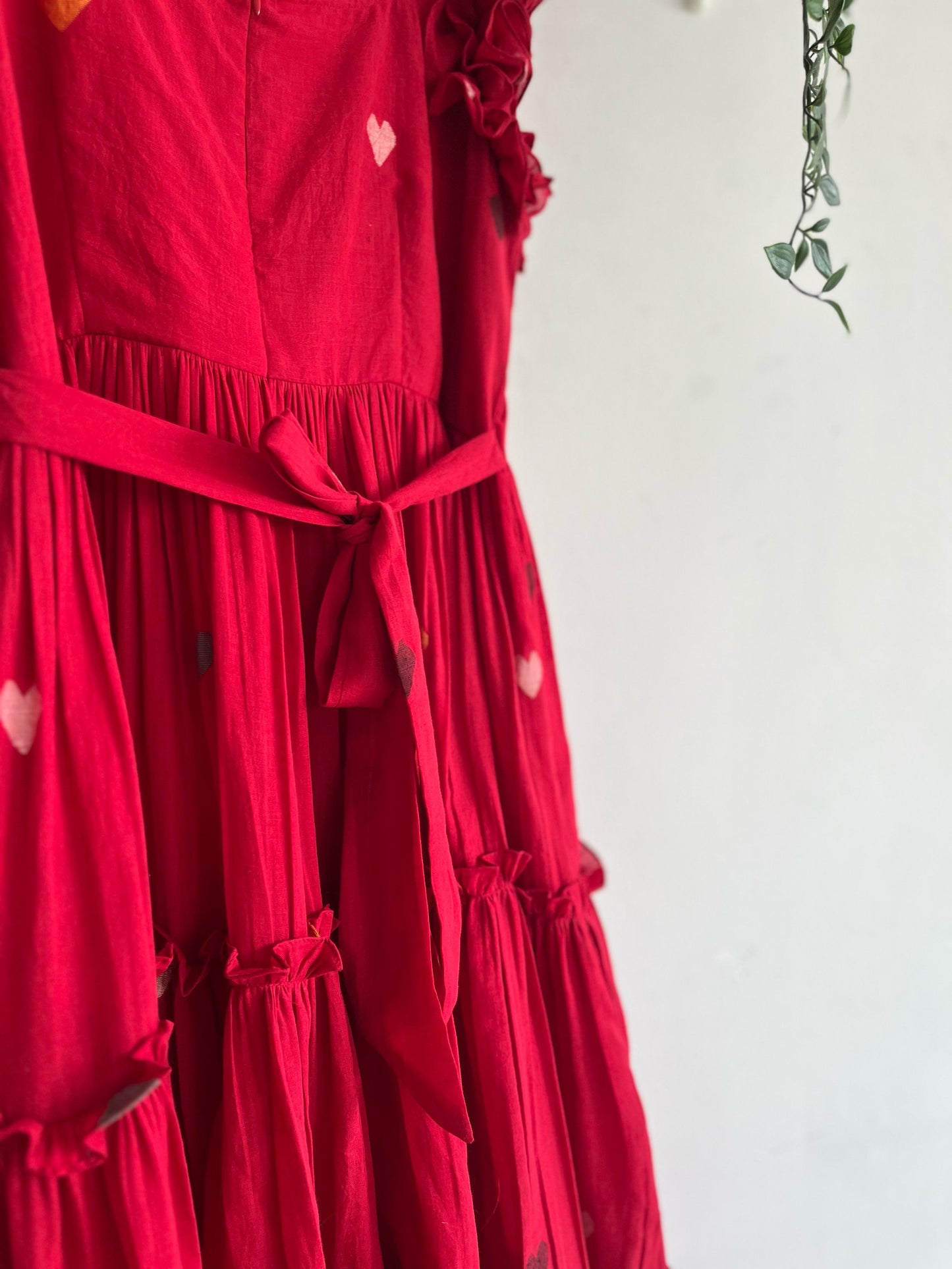 Crimson Charm – Red Jamdhani Tiered Dress