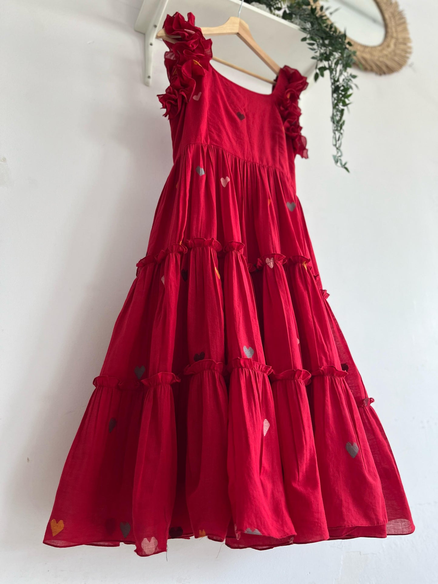 Crimson Charm – Red Jamdhani Tiered Dress