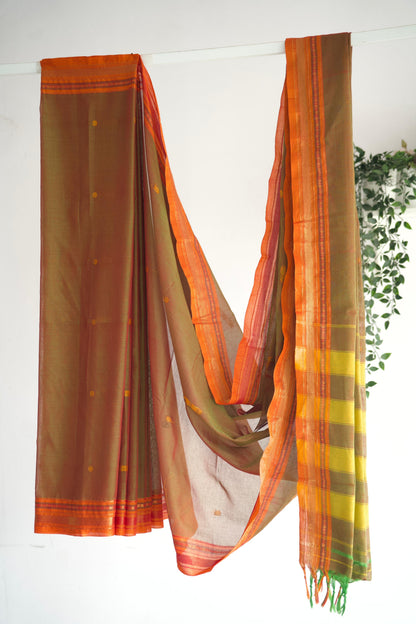 Sunset Orange Handloom Cotton Saree