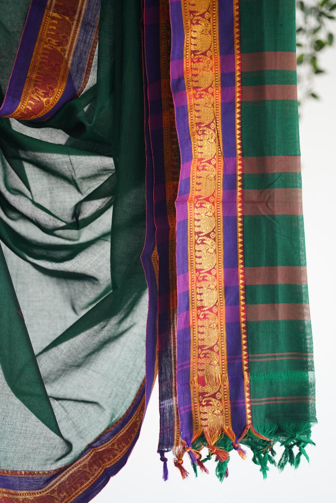 Deep Green Handloom Cotton Saree