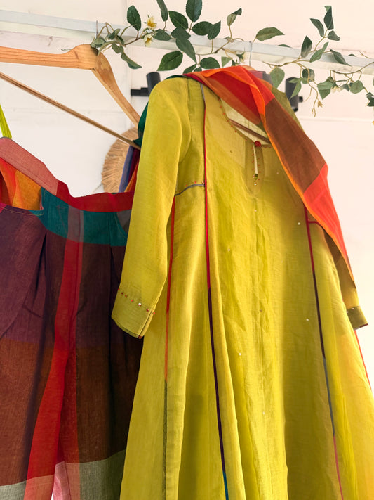 Sunlit Olive Panel Kurta Set