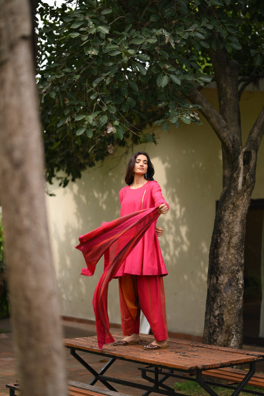 Woman wearing The Gulabi Leher handwoven Narayanpet cotton kurta set by Taram