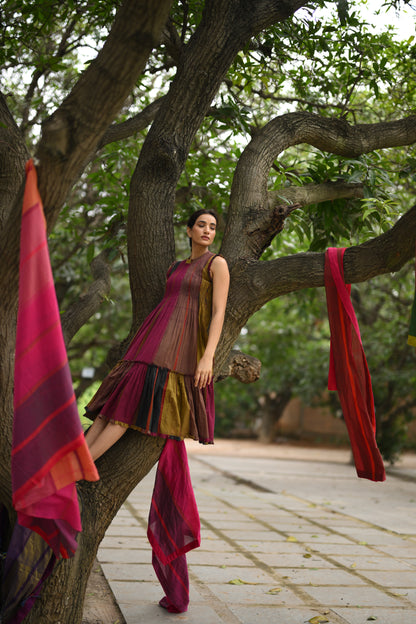 The Rang Rekha handwoven Narayanpet cotton dress in pink, maroon, mustard and black by Taram