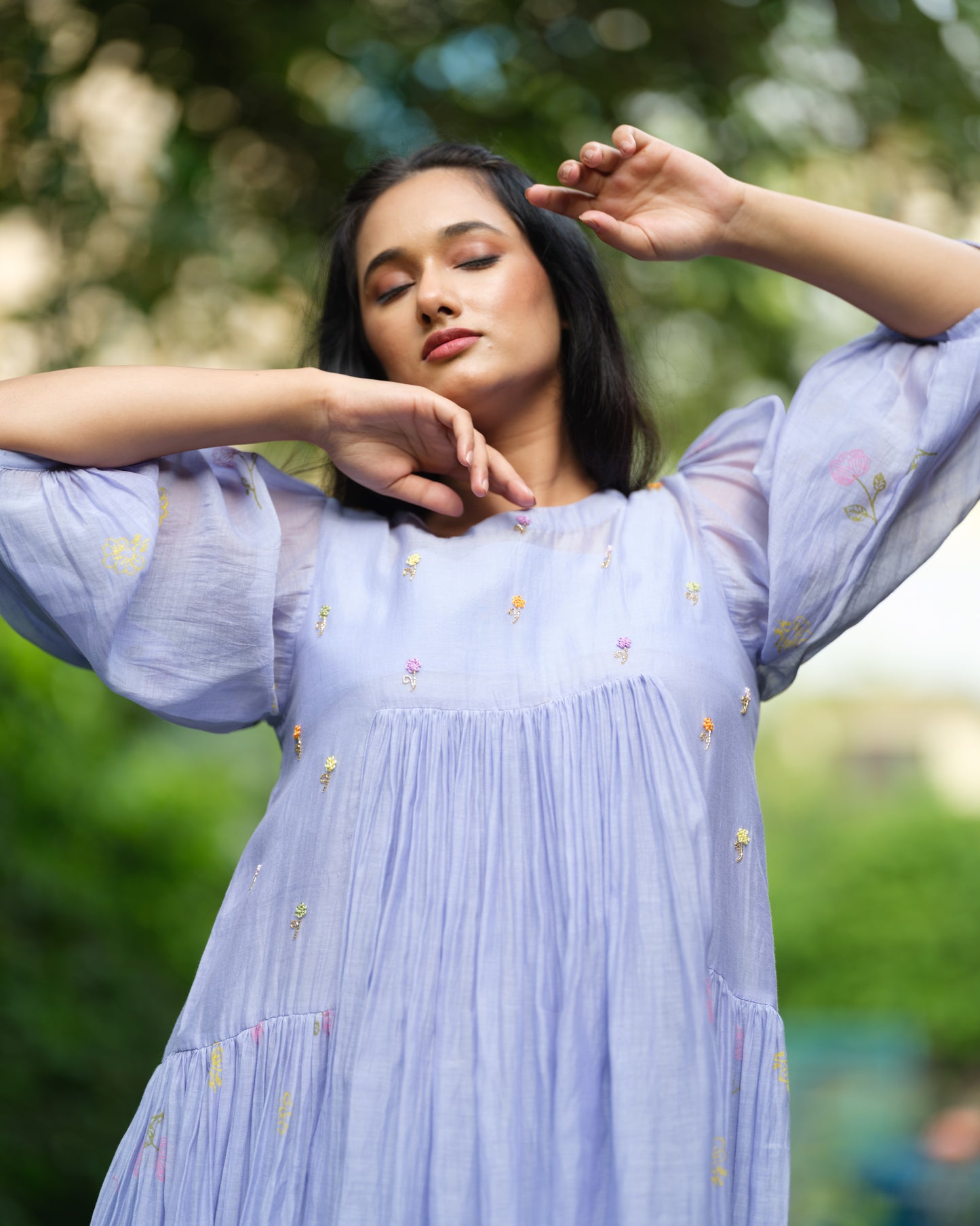 Lavender Whisper – Mul Chanderi Tiered Dress