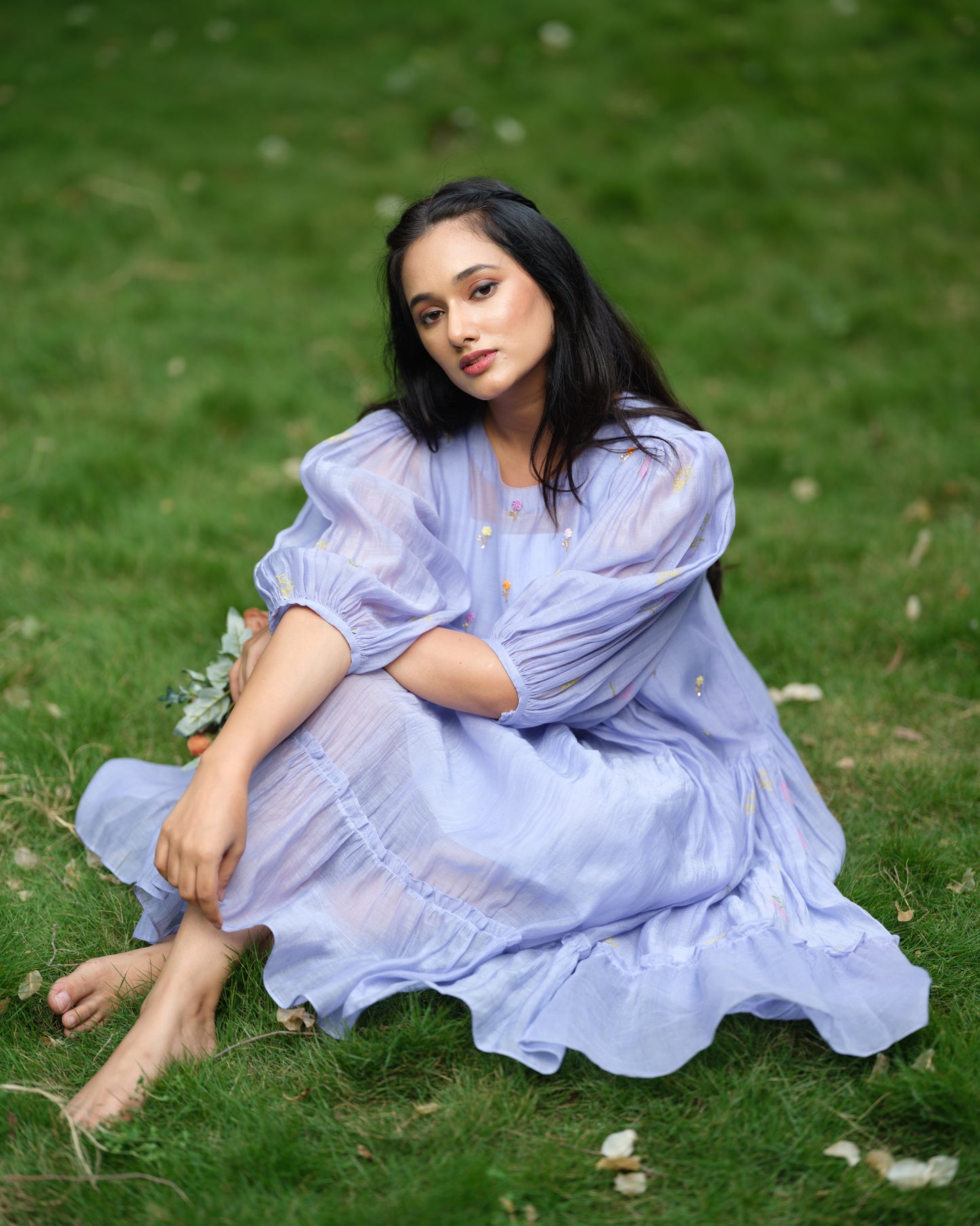 Lavender Whisper – Mul Chanderi Tiered Dress