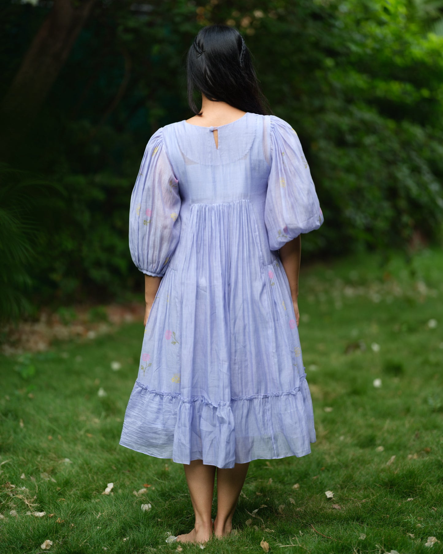 Lavender Whisper – Mul Chanderi Tiered Dress