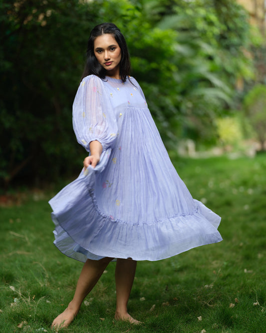 Lavender Whisper – Mul Chanderi Tiered Dress