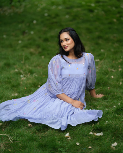 Lavender Whisper – Mul Chanderi Tiered Dress