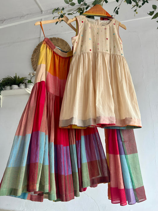 Handloom Sharara Set with Embroidered Ivory Kurta