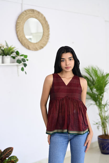 Maroon Narayanpet short top, a handmade design crafted from authentic Narayanpet handloom fabric, blending traditional craftsmanship with contemporary style.