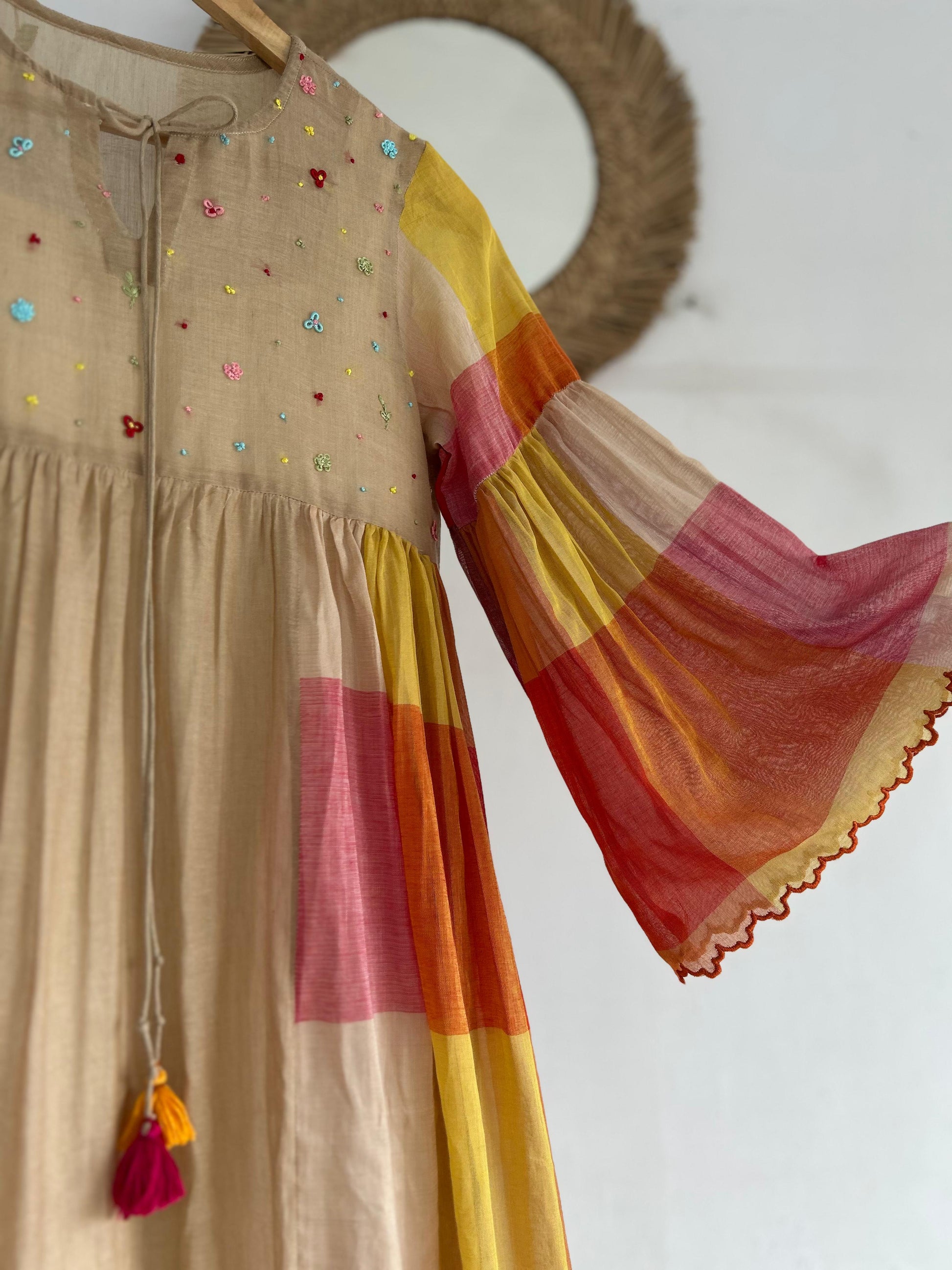 Retro Bloom Multicolour Flared Cotton Dress with embroidered yoke, flared sleeves, and patchwork tiers