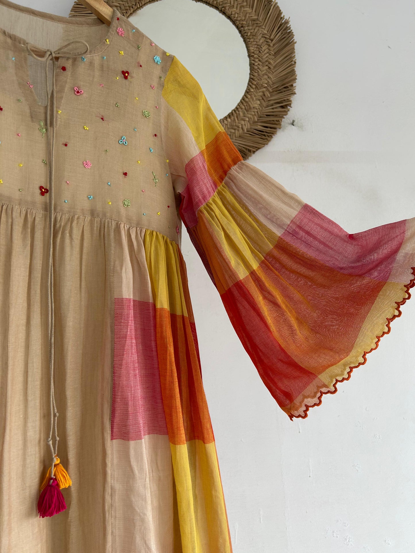 Retro Bloom Multicolour Flared Cotton Dress with embroidered yoke, flared sleeves, and patchwork tiers