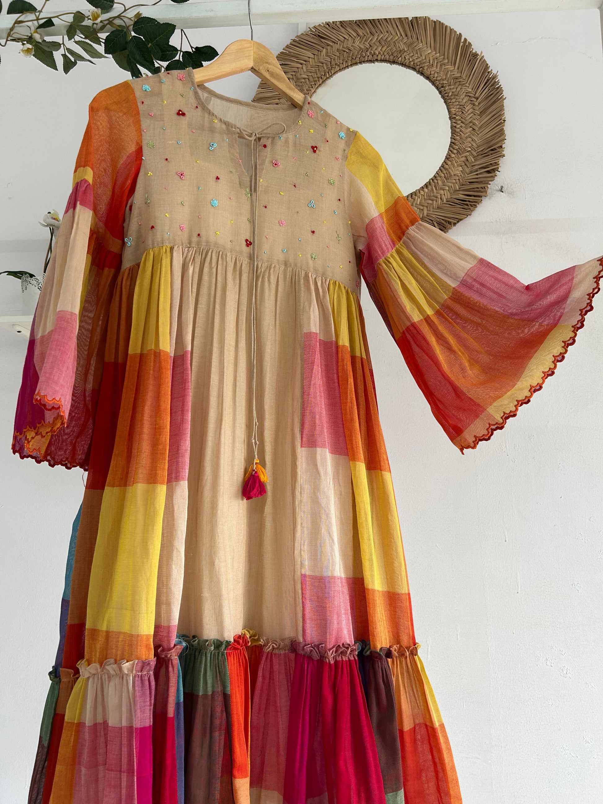 Retro Bloom Multicolour Flared Cotton Dress with embroidered yoke, flared sleeves, and patchwork tiers