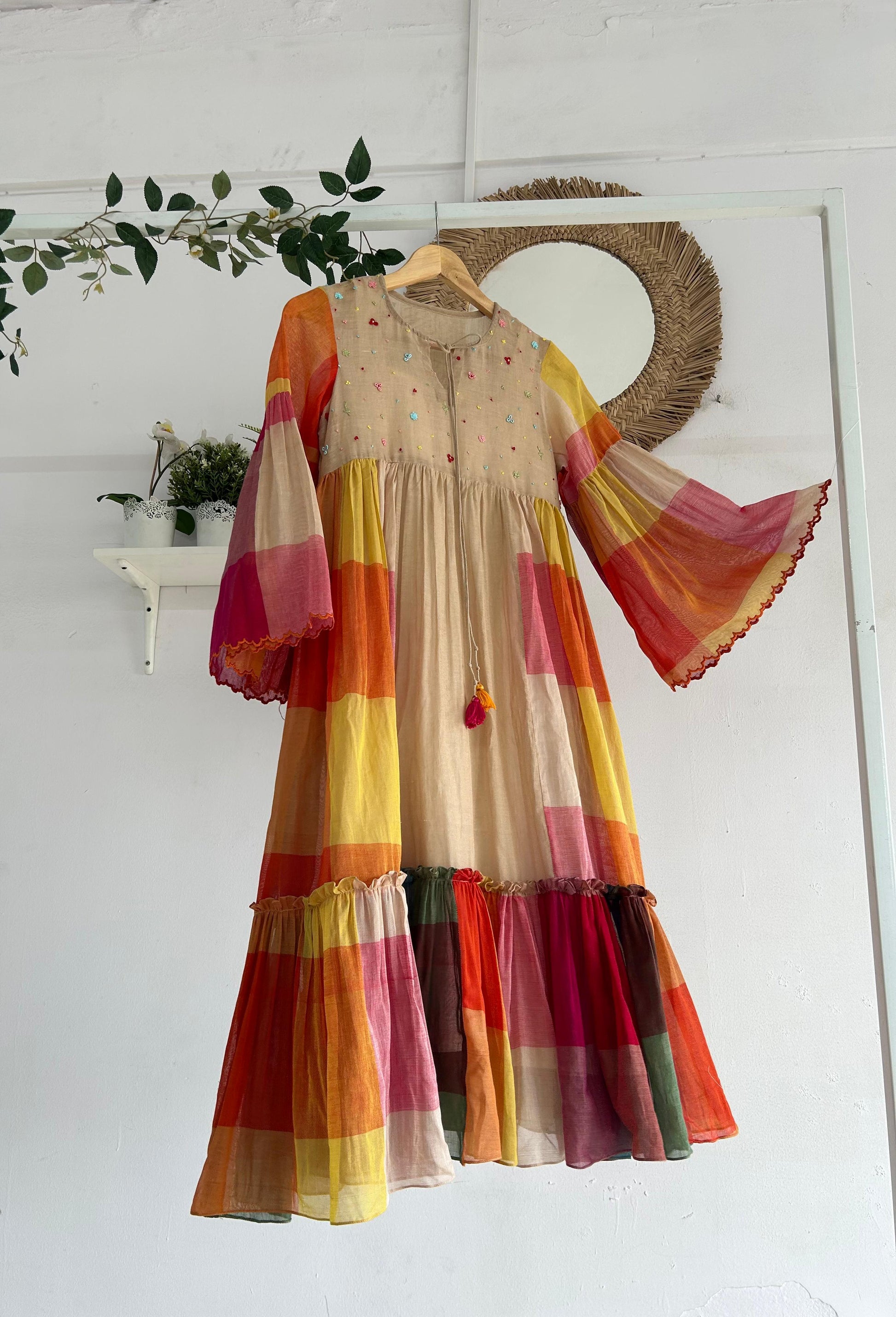 Retro Bloom Multicolour Flared Cotton Dress with embroidered yoke, flared sleeves, and patchwork tiers